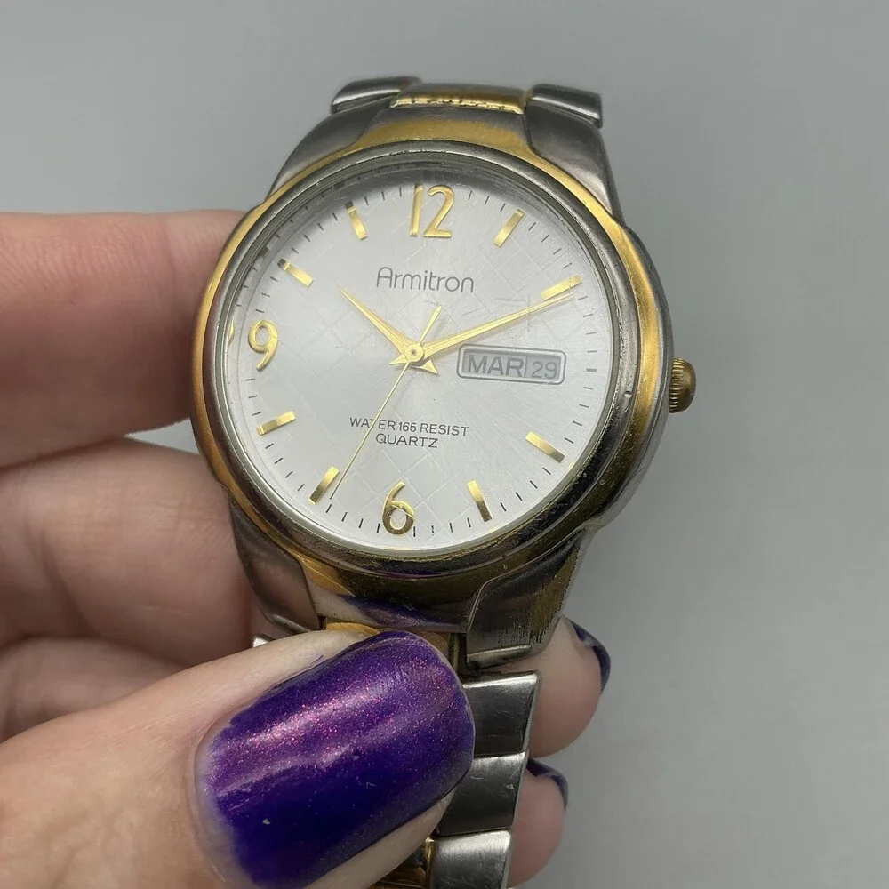 Armitron Mens Watch 36mm Gold Silver Tone Expansion Band Day Date New Battery